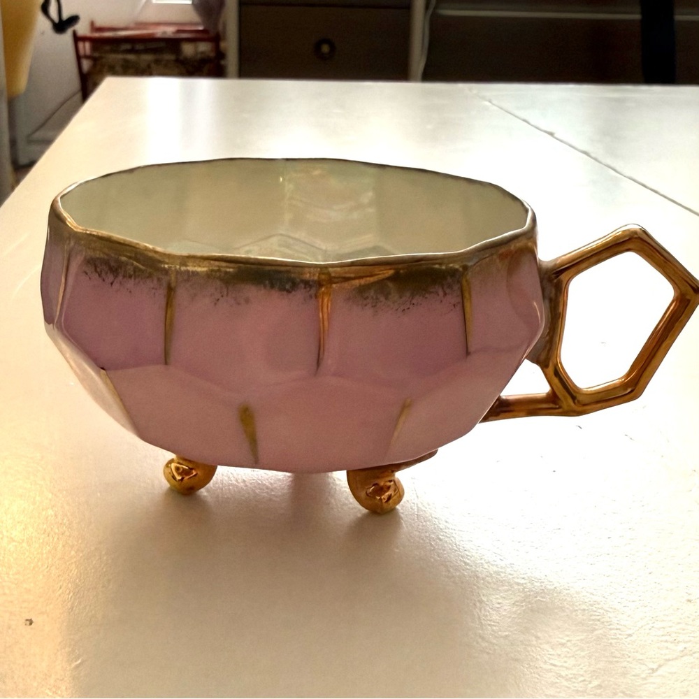 Japanese Vintage Tripod Three Footed Teacup pink pearl interior Luxury Fancy 50s